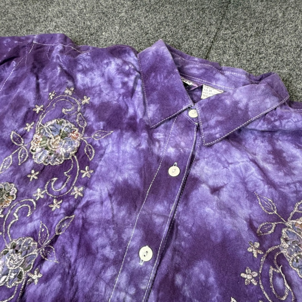 Premier International Purple Tie Dye Floral Embroidered Cotton Shirt 3X Womens